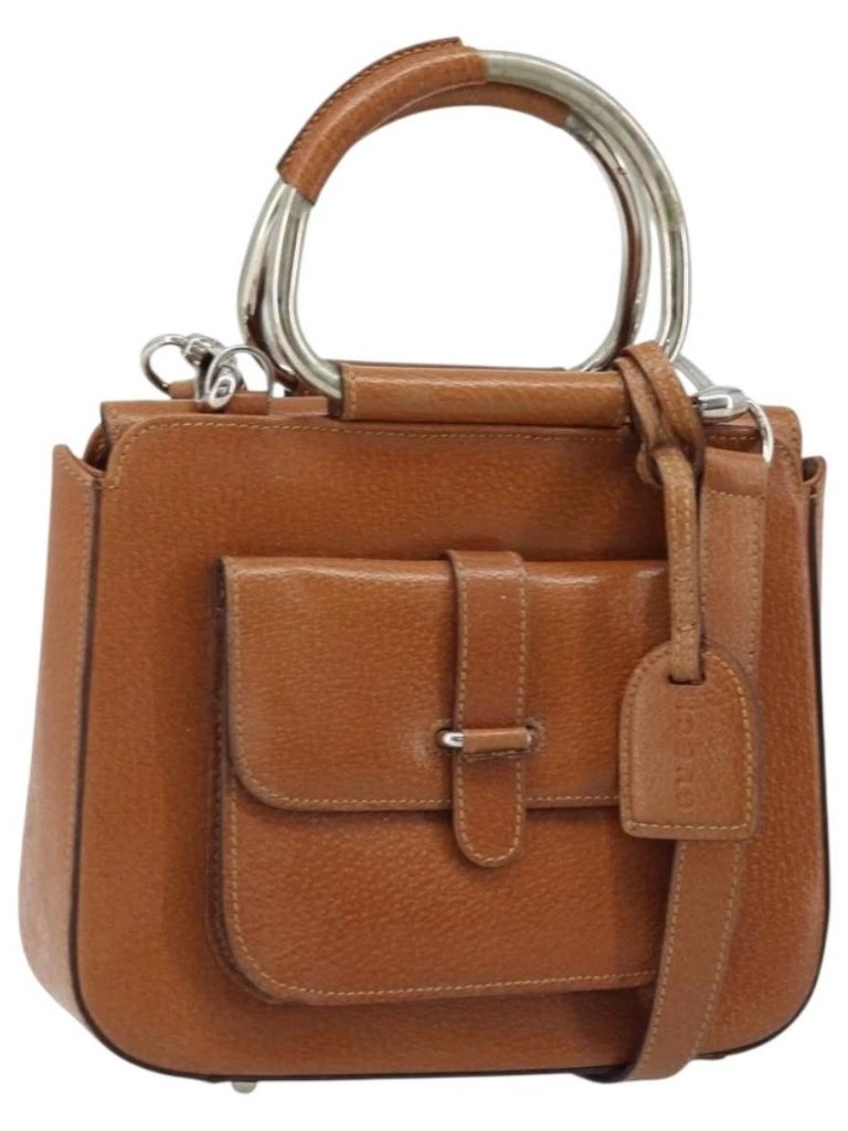 Gucci Hand Bag Leather 2way Brown Silver Auth Bs33707